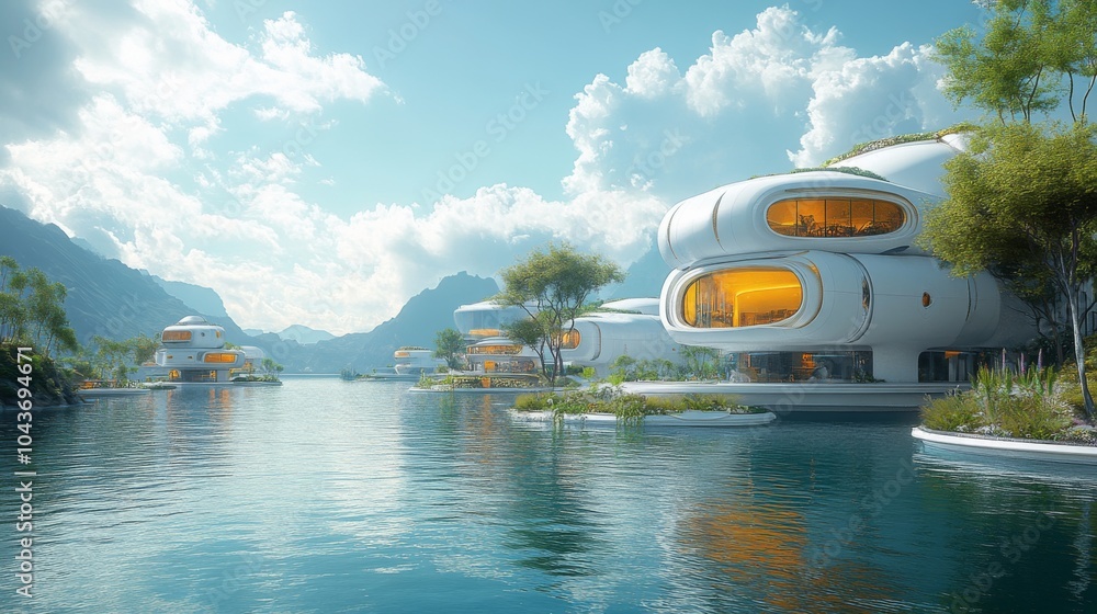 Poster a collection of futuristic buildings with unique designs sits by a calm lake, framed by mountains un