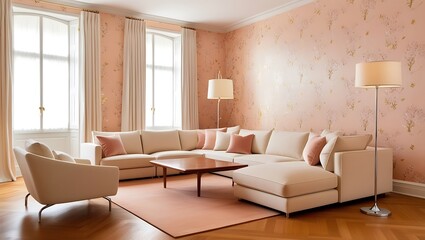 Elegant living room showcasing vibrant wallpaper and contemporary style