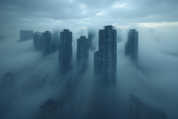 cityscape in the clouds, skyscrapers, tall buildings rising out of thick fog at sunrise, sunset, drone perspective, photorealistic