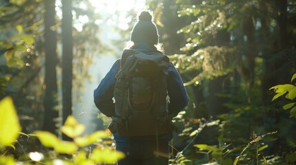 Fototapeta premium Through the dappled sunlight we see a lone hiker standing with back to the camera taking a moment to rest and appreciate the . .