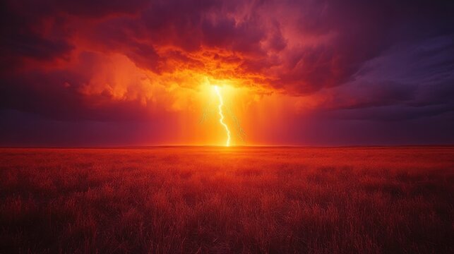 Intense lightning bolt electrifying an open field, illuminating the landscape in a dramatic display of nature's power and energy