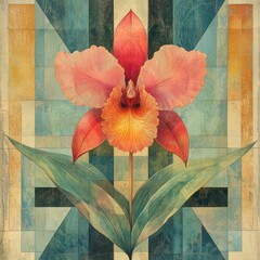 A vintage botanical drawing of a Orchid flower, with a whimsical and surreal art style, dramatic lighting effects, and a touch of modern realism combined with abstract geometric art.