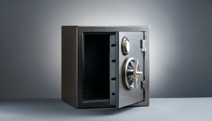 Metal safe with a open door on a gray background. Generative AI
