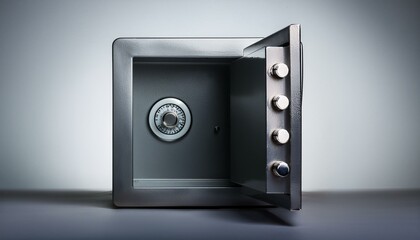 Metal safe with a open door on a gray background. Generative AI