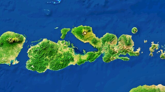 4K West Nusa Tenggara Islands Map Of Indonesia, High Resolution Satellite View With No Border, Widescreen 4K Resolution