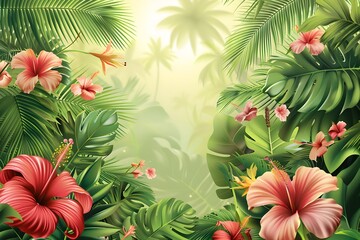A tropical scene with flowers and palm trees