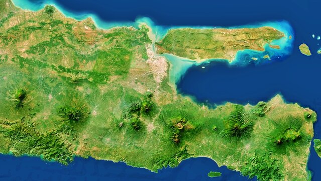 4K East Java Province Map Of Indonesia, High Resolution Satellite View With No Border, Widescreen 4K Resolution