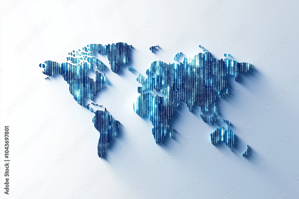 Poster a striking world map made of binary code, symbolizing digital innovation and global connections