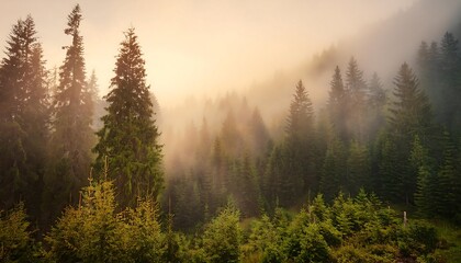 A serene misty landscape of a dense fir forest enveloped in fog during the early morning light. Generative AI