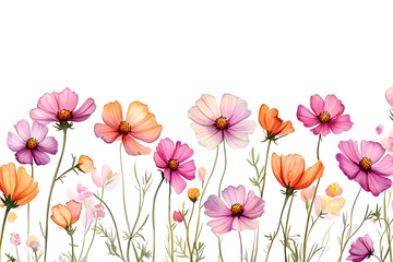 Naklejka premium Colorful Watercolor Cosmos Garden,watercolor cosmos garden, pink and orange flowers