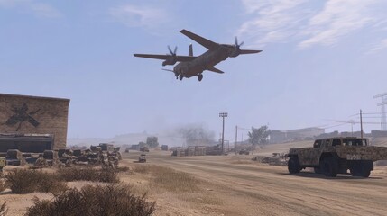 Fototapeta premium A military aircraft flying over a desert landscape with vehicles on a dirt road.