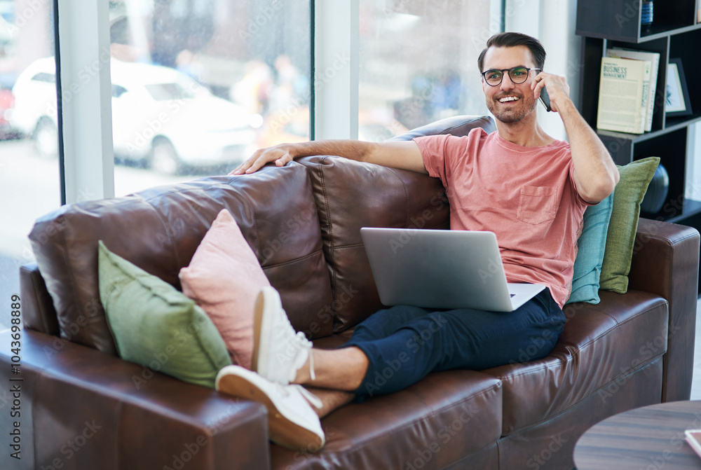 Poster Couch, laptop and remote work with man, phone call and relax with conversation. Freelancer, communication and technology with content creation employee and entrepreneur break with mobile networking