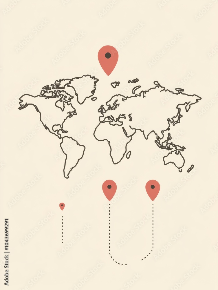 Aufkleber a world map outline features map pins marking significant travel destinations for planning future ad