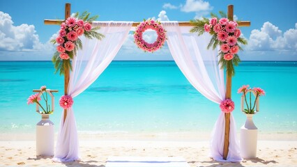 Beach wedding ceremony setup with floral decor and ocean view for summer celebration