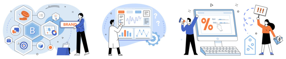 Corporate identity vector illustration. Design, brushstroke, adds depth and meaning to corporations visual representation Marketing, megaphone, amplifies corporations voice, broadcasting its identity