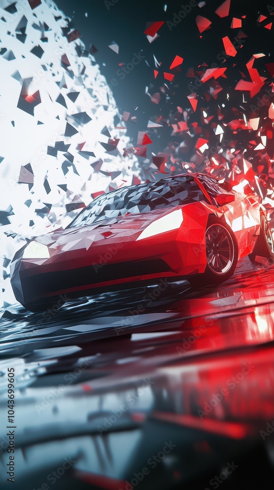 Poster dynamic fusion of geometry and motion a striking polygonal car surrounded by fractured light and col
