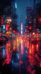 Fototapeta premium Nighttime Rainstorm on City Street, illuminated streetlights casting reflections on glistening wet pavement, creating a moody urban atmosphere