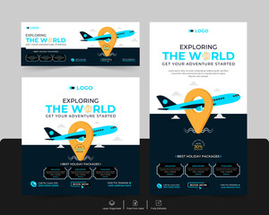Travel social media and adventure tour holiday tourism marketing promotion advertising cover and story post banner design template set.