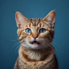Fototapeta premium playful banner featuring a curious cat peeking from the bottom edge, its expressive eyes drawing attention against a solid blue background 