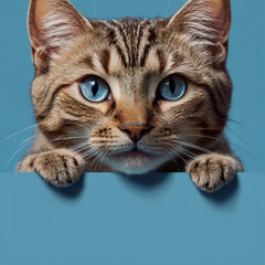 Obraz premium playful banner featuring a curious cat peeking from the bottom edge, its expressive eyes drawing attention against a solid blue background 