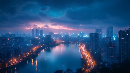 Obraz premium A panoramic view of a city skyline at night, with a lake reflecting the city lights and a cloudy sky.