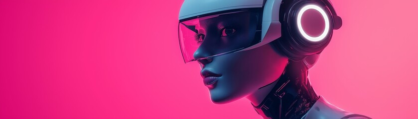 A close-up of a humanoid robot's head.	
