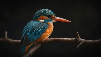  Common Kingfisher on Branch, Dark Background