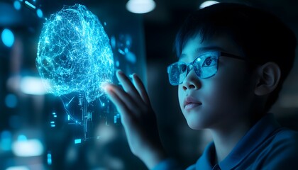 A young malay boy, looking at holographic AI in awe and excitement, touches the glowing digital interface with his hand, surrounded by a dark room with blue lights, 