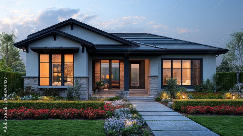 Poster a large house with a large front yard and a walkway leading to the front door