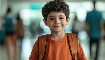 Fototapeta premium Smiling boy in orange shirt with backpack.