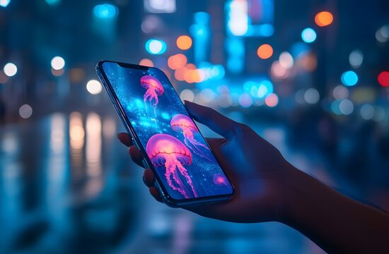 Hand holding an iPhone with digital wallpaper on the screen, close-up view of the phone and hand in the foreground, blurred background showing city lights at night,