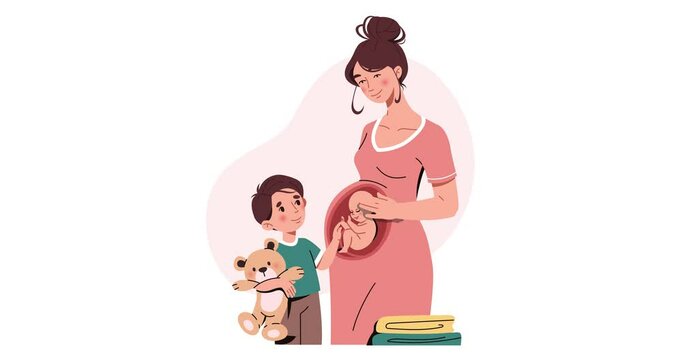 Happy pregnant woman. Moving banner with child stroking prenatal belly of his mother. Smiling parent and children expecting newborn baby. Motherhood and parenthood. Cartoon flat animated graphics