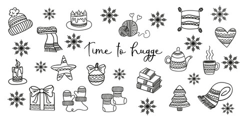 Collection of elements of a cozy home. The concept of comfort and coziness. Scandinavian hygge style. Black and white icons in doodle style.