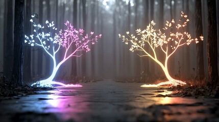 A dreamlike forest of glowing neon trees with rainbow roots, symbolizing the fusion of nature and imagination