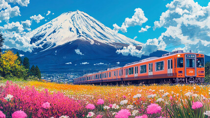 Train illustration in the sea of flowers under the snow capped mountains
