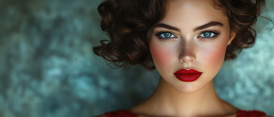 Obraz premium Glamorous woman with vintage curls, bold red lipstick, in a red dress, dramatic lighting