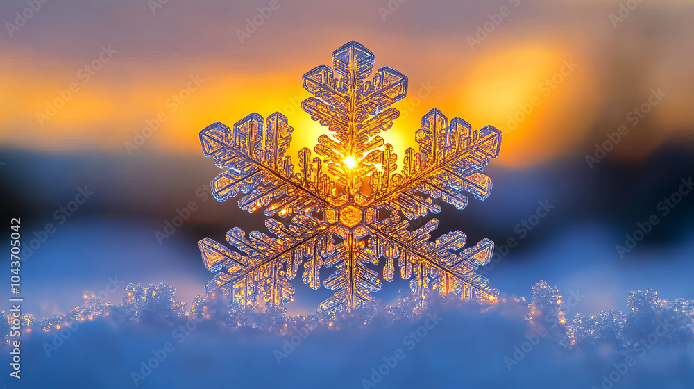 Poster intricate snowflake with stunning patterns at sunset