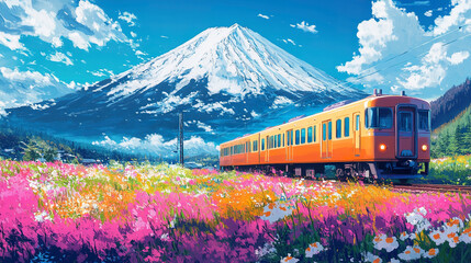 Train illustration in the sea of flowers under the snow capped mountains

