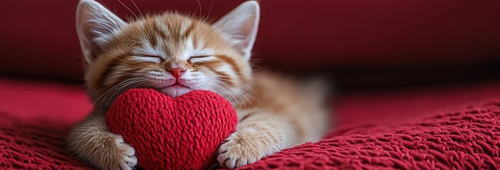 Happy kitten hugging a red heart, eyes closed, against a red backdrop