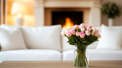 Cozy Living Room with Warm Fireplace and Vase of Flowers