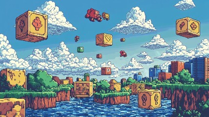 This vibrant pixel art scene features colorful game elements, playful characters, and dynamic clouds, creating a lively retro-inspired landscape perfect for gaming enthusiasts.