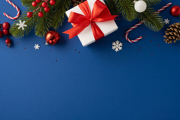 Christmas themed image featuring a wrapped gift with red ribbon, pine branches, ornaments, and candy canes on a blue background