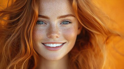 Fototapeta premium Redhaired girl smiling, hair flowing against an orange backdrop