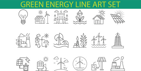 A set of 18 line art icons representing various green energy sources like solar panels, wind turbines, and biofuel, emphasizing sustainable practices for a greener future.