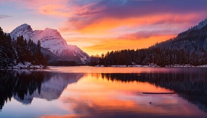 Stunning winter sunrise over a serene mountain lake with vibrant reflections and snow-capped peaks. Generative AI