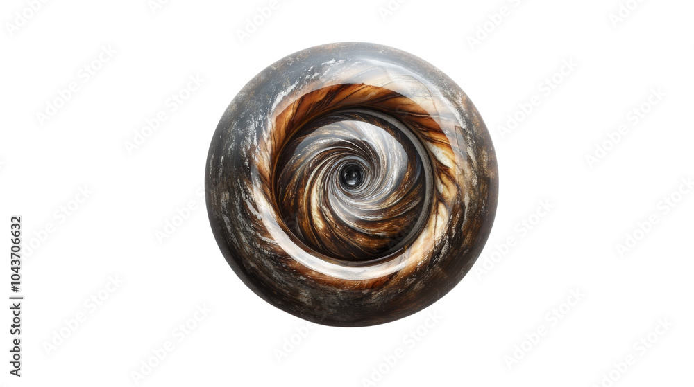 Poster abstract swirl pattern on a brown and black sphere.
