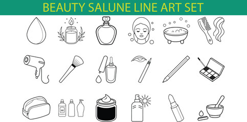 Fototapeta premium WebA set of 18 line art illustrations depicting various beauty salon and cosmetic items, including a hairdryer, makeup brush, lipstick, and a bath.