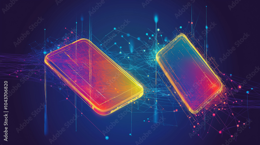 Poster vibrant abstract visual of data transfer between devices with glowing lines highlighting digital com