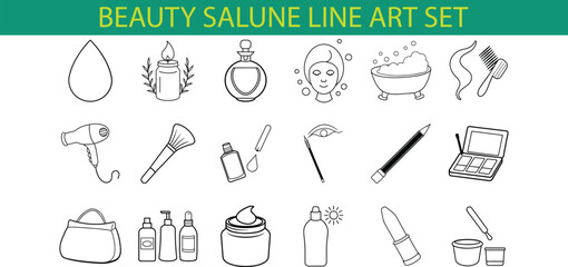 A set of black and white line art icons depicting beauty salon items such as a hair dryer, makeup brushes, perfume bottles, a bathtub, and more.