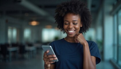 Smiling woman in blue dress holding smartphone